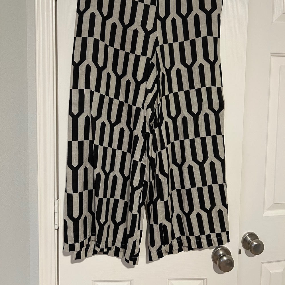 bryn Walker Linen Black/Beige Palazzo Wide Leg Pull-On Pants Size L Vacation! - Picture 2 of 4